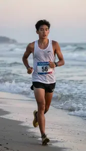 Open Beach Coastal Runner In Lightweight Tank Striding Along