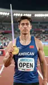 Open Stadium Javelin Champion In Athletic Top Holding A Gold