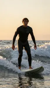 Outdoor Portrait Of A Surfer In Wetsuit Riding A Curling