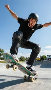 Skateboarder Landing Trick Smoothly Excited Face Clearly