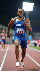 Sprinter In Blue And Silver Track Outfit Nearing The Finish