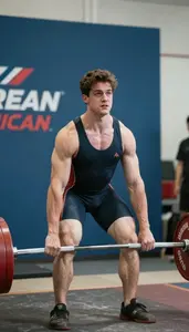 Weightlifter In Dark Singlet Pulling A Heavy Barbell From