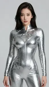 Woman Superhero Suit Of Gleaming Silver With A Pattern Of