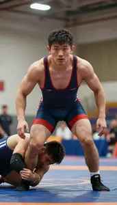 Wrestler In Traditional Singlet Grappling With Opponent On
