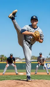 Baseball Pitcher In A Grey Uniform With Pinstripes Winds Up
