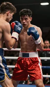 Boxer In Satin Shorts And Gloves Spars In A Ring Muscles