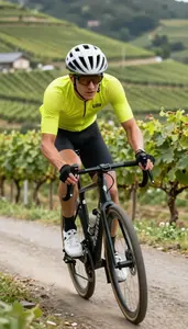 Cyclist In A Bright Jersey And Fingerless Gloves Climbs A