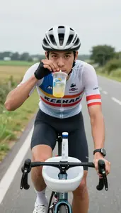 Cyclist In A Jersey And Helmet Helmet On Drinks From A Bidet