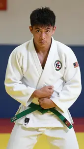Judo Light Judoka Wearing Green Belt Determined Grappling