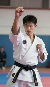 Karate Athlete In Clean Gi And Belt Breaking Boards With A