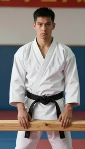 Karate Practitioner In White Gi Breaking A Wooden Board Calm