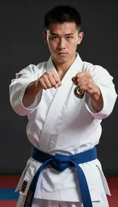 Karate Specialist Wearing Blue Belt Determined Blocking