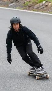 Longboarder In Relaxed Stance And Sliding Gloves Carving