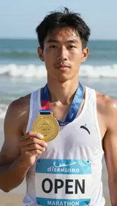 Open Coastal Marathon Champion In Lightweight Vest Holding A