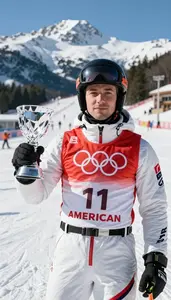 Open Ski Slope Alpine Winner In Insulated Suit Displaying A