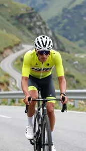 Road Cyclist In Bright Kit And Sunglasses Climbing A Steep