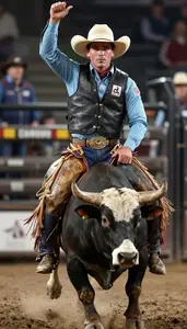 Rodeo Rider In Chaps And Protective Vest Holding Tight