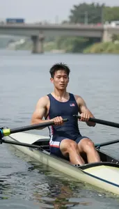 Rower In A Sleeveless Unisuit Leans Back At The Finish Of A