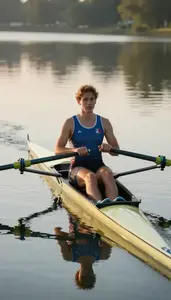 Rowing Sculler In Streamlined Vest Gliding Across A Mirror