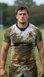 Rugby Player In Muddy Jersey Standing Strong Determined Face