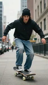 Skateboarder In A Beanie And Baggy Jeans Pushes Off With One