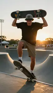 Skateboarder In A Cap And Shorts Carries Their Board Up A