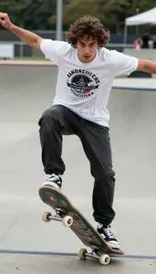 Skateboarder In Casual Sports Tee And Sneakers Performing A