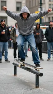 Skateboarder In A Hoodie And Jeans Grinds A Rail Metal On