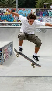 Skateboarder In A Loose T Shirt And Cargo Shorts Grabs Their