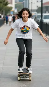 Skateboarder In Sporty Tee Riding Along Urban Path Cheerful