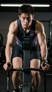 Ski Ergometer Athlete In Sleeveless Top And Powerful Arms