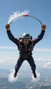 Skydiver In Jumpsuit And Goggles Forming A Perfect Arch With
