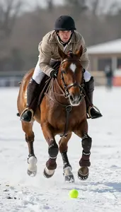 Snow Polo Player In Warm Layers And Studded Boots Hitting A