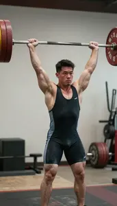 Strong Weightlifter In Singlet Pressing Barbell Overhead