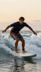 Surfer In Boardshorts And Rash Guard Paddling Hard To Catch