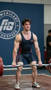 Weightlifter In Dark Singlet Pulling A Heavy Barbell From