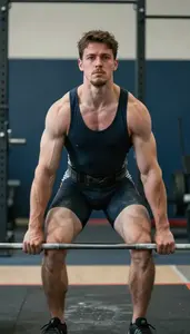 Weightlifter In Dark Singlet Pulling A Heavy Barbell From
