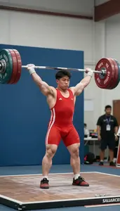 Weightlifter In Red Singlet Performing A Clean And Jerk