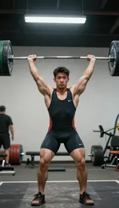 A Weightlifter In A Tight Singlet Grips A Barbell Above