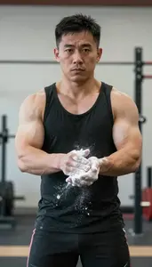Weightlifter In Training Hall Chalking Hands Focused Face
