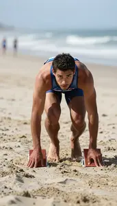 Beach Sprinter In Brief Racing Suit And Bare Feet Exploding