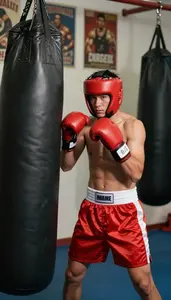 Boxer In Red Satin Shorts And Gloves Works The Speed Bag In