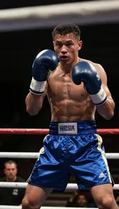 Boxer In Satin Shorts And Gloves Spars In A Ring Muscles