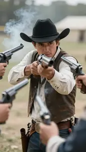 Cowboy Action Shooter In Period Costume And Dual Pistols