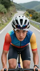Cyclist In A Colorful Jersey And Helmet Sunglasses Perched