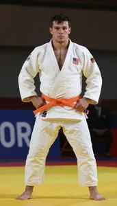 Judo Heavy Judoka Wearing Orange Belt Alert Grappling Hip