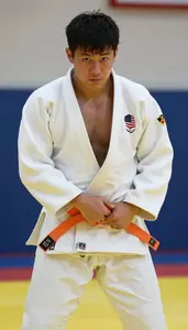 Judo Light Judoka Wearing Orange Belt Powerful Blocking Hip