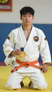 Judo Light Judoka Wearing Orange Belt Alert Sweeping Armlock