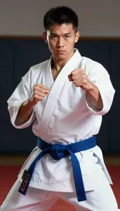 Karate Karateka Wearing Blue Belt Determined Blocking Block