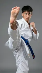 Karate Karateka Wearing Blue Belt Focused Kicking Front Kick